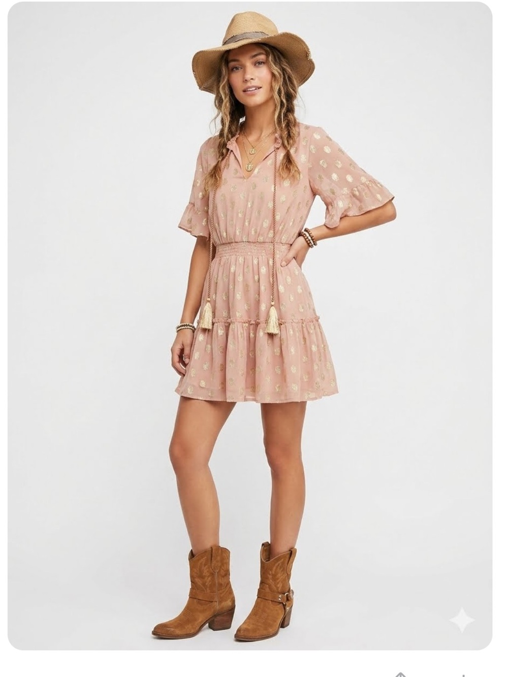 RAGA XS Blush Pink Dress with Gold Metallic Dots Boho Festival Resort Beach